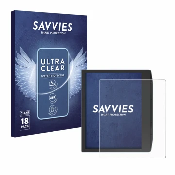 Front side of a product packaging with the brand logo Savvies. Next to it is the device PocketBook Era Color shown with the co