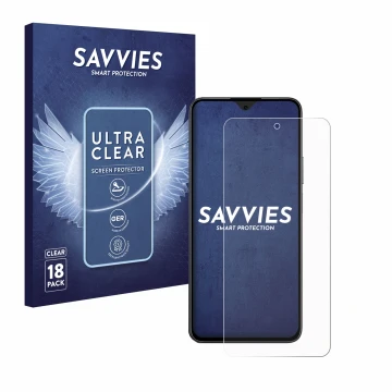 Front side of a product packaging with the brand logo Savvies. Next to it is the device Honor 90 Smart shown with the correspo