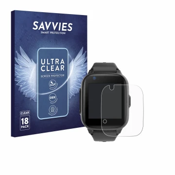 Front side of a product packaging with the brand logo Savvies. Next to it is the device Leotec Kids Allo Plus 4G shown with th