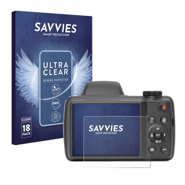 Front side of a product packaging with the brand logo Savvies. Next to it is the device Kodak Pixpro AZ528 shown with the corr