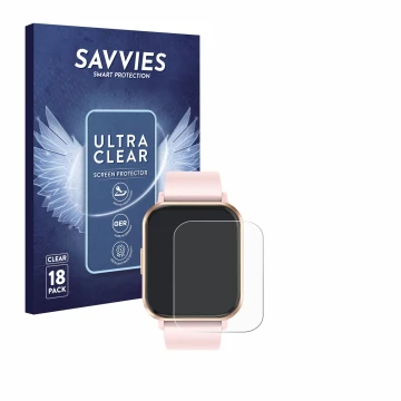Front side of a product packaging with the brand logo Savvies. Next to it is the device walkbee Smartwatch 1.83
