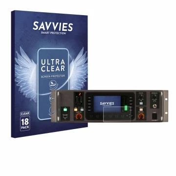 Front side of a product packaging with the brand logo Savvies. Next to it is the device Behringer X32 Rack shown with the corr