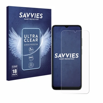 Front side of a product packaging with the brand logo Savvies. Next to it is the device Blackview A52 Pro shown with the corre