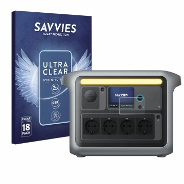 Front side of a product packaging with the brand logo Savvies. Next to it is the device Anker SOLIX C1000X shown with the corr
