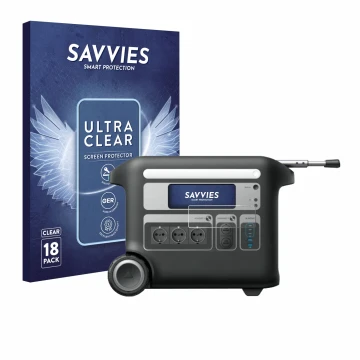 Front side of a product packaging with the brand logo Savvies. Next to it is the device Anker SOLIX F2000 shown with the corre