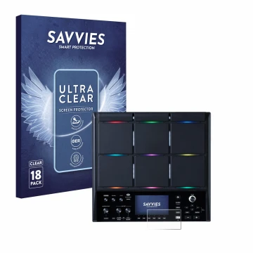 Front side of a product packaging with the brand logo Savvies. Next to it is the device Roland SPD-SX PRO shown with the corre
