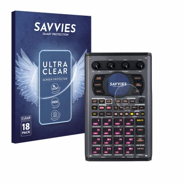 Front side of a product packaging with the brand logo Savvies. Next to it is the device Roland SP-404MKII shown with the corre