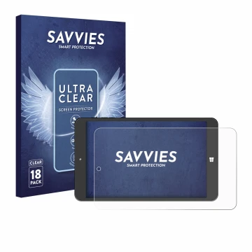 Front side of a product packaging with the brand logo Savvies. Next to it is the device SZTPS Tablet 8
