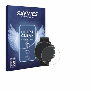 Front side of a product packaging with the brand logo Savvies. Next to it is the device Suunto Vertical Solar shown with the c