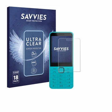 Front side of a product packaging with the brand logo Savvies. Next to it is the device Nokia 235 4G (2024) shown with the cor