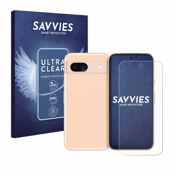 Front side of a product packaging with the brand logo Savvies. Next to it is the device Google Pixel 8a (Front+Camera) shown w