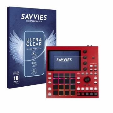 Front side of a product packaging with the brand logo Savvies. Next to it is the device Akai MPC One+ shown with the correspon