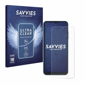 Front side of a product packaging with the brand logo Savvies. Next to it is the device Hotwav Note 13 shown with the correspo