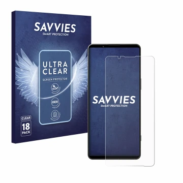 Front side of a product packaging with the brand logo Savvies. Next to it is the device Sony Xperia 1 VI shown with the corres