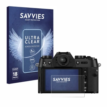 Front side of a product packaging with the brand logo Savvies. Next to it is the device Fujifilm X-T50 shown with the correspo