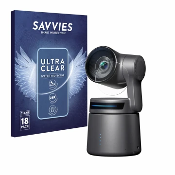 Front side of a product packaging with the brand logo Savvies. Next to it is the device OBSBOT Tail Air shown with the corresp