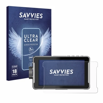 Front side of a product packaging with the brand logo Savvies. Next to it is the device Viltrox DC-550 Pro shown with the corr
