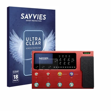Front side of a product packaging with the brand logo Savvies. Next to it is the device Valeton GP-200R shown with the corresp