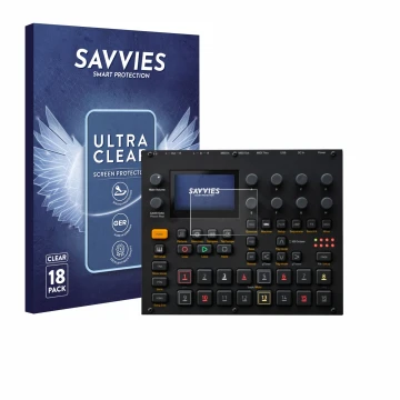 Front side of a product packaging with the brand logo Savvies. Next to it is the device Elektron Digitakt II shown with the co
