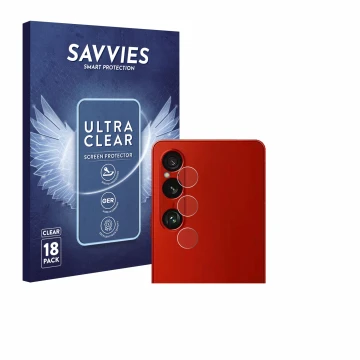 Front side of a product packaging with the brand logo Savvies. Next to it is the device Sony Xperia 1 VI (ONLY Camera Lens) sh