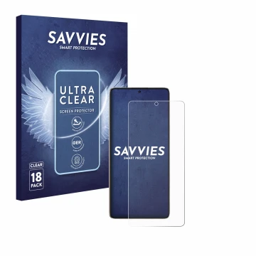 Front side of a product packaging with the brand logo Savvies. Next to it is the device Xiaomi Poco F6 shown with the correspo