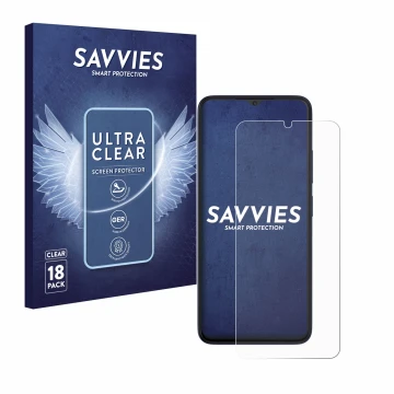 Front side of a product packaging with the brand logo Savvies. Next to it is the device Wiko T20 shown with the corresponding 