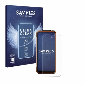 Front side of a product packaging with the brand logo Savvies. Next to it is the device Blackview BV8100 shown with the corres