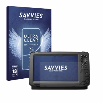 Front side of a product packaging with the brand logo Savvies. Next to it is the device Lowrance HOOK Reveal 9 shown with the 