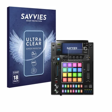Front side of a product packaging with the brand logo Savvies. Next to it is the device Pioneer DJS -1000 shown with the corre