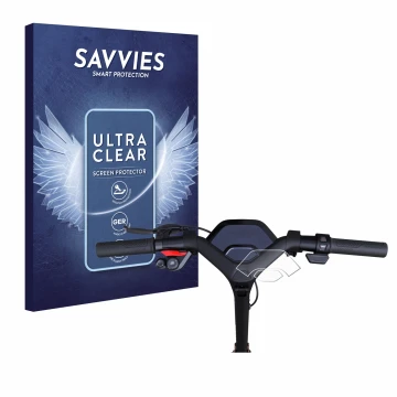 Front side of a product packaging with the brand logo Savvies. Next to it is the device Segway Ninebot P65D shown with the cor