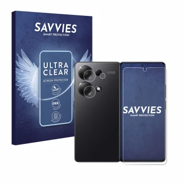 Front side of a product packaging with the brand logo Savvies. Next to it is the device Xiaomi Redmi Note 13 Pro 4G (Front+Cam