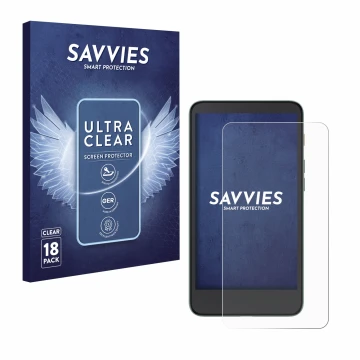 Front side of a product packaging with the brand logo Savvies. Next to it is the device Xiaomi Moaan InkPalm 5 shown with the 