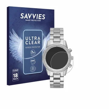 Front side of a product packaging with the brand logo Savvies. Next to it is the device Michael Kors Ritz MK6428 shown with th