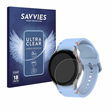 Front side of a product packaging with the brand logo Savvies. Next to it is the device Samsung Galaxy Watch FE shown with the