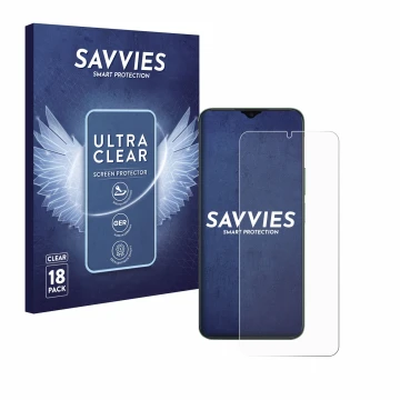 Front side of a product packaging with the brand logo Savvies. Next to it is the device Honor X6b shown with the corresponding