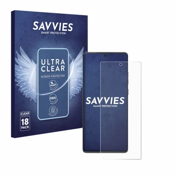 Front side of a product packaging with the brand logo Savvies. Next to it is the device Motorola Moto G85 shown with the corre