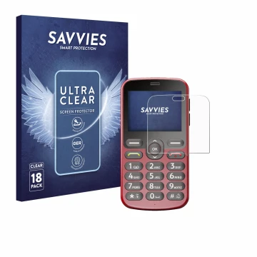 Front side of a product packaging with the brand logo Savvies. Next to it is the device Doro 1880 shown with the corresponding