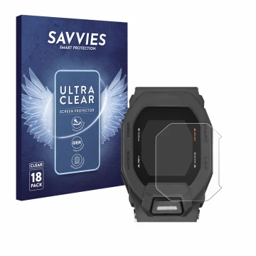Front side of a product packaging with the brand logo Savvies. Next to it is the device Casio G-Shock GBD-200 shown with the c