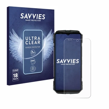 Front side of a product packaging with the brand logo Savvies. Next to it is the device Doogee S118 shown with the correspondi