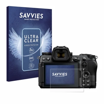 Front side of a product packaging with the brand logo Savvies. Next to it is the device Nikon Z6 III shown with the correspond
