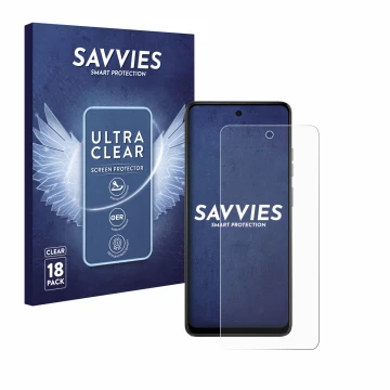 Front side of a product packaging with the brand logo Savvies. Next to it is the device Motorola Moto E14 shown with the corre