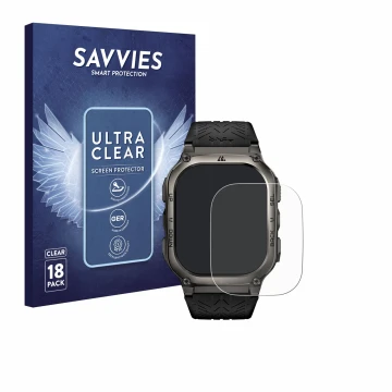 Front side of a product packaging with the brand logo Savvies. Next to it is the device Kospet Tank M3 shown with the correspo