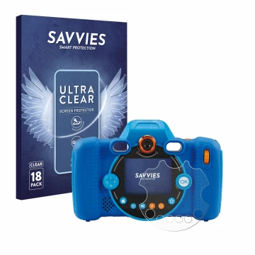 Front side of a product packaging with the brand logo Savvies. Next to it is the device Vtech Kidizoom Duo FX shown with the c