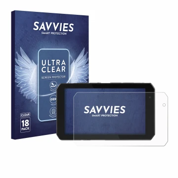 Front side of a product packaging with the brand logo Savvies. Next to it is the device Chigee AIO-5 Play shown with the corre