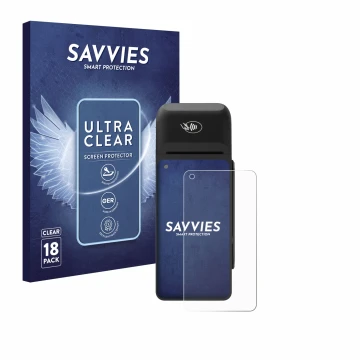 Front side of a product packaging with the brand logo Savvies. Next to it is the device Verifone T650c shown with the correspo