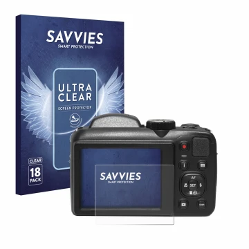 Front side of a product packaging with the brand logo Savvies. Next to it is the device Kodak Pixpro AZ255 shown with the corr