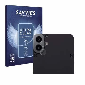 Front side of a product packaging with the brand logo Savvies. Next to it is the device Nothing CMF Phone 1 (ONLY Camera Lens)