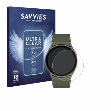 Front side of a product packaging with the brand logo Savvies. Next to it is the device Samsung Galaxy Watch 7 (40 mm) shown w
