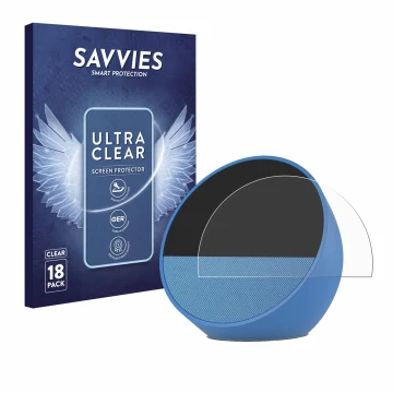 Front side of a product packaging with the brand logo Savvies. Next to it is the device Amazon Echo Spot 2024 shown with the c