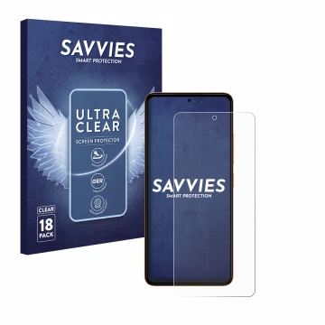 Front side of a product packaging with the brand logo Savvies. Next to it is the device HMD Pulse shown with the corresponding